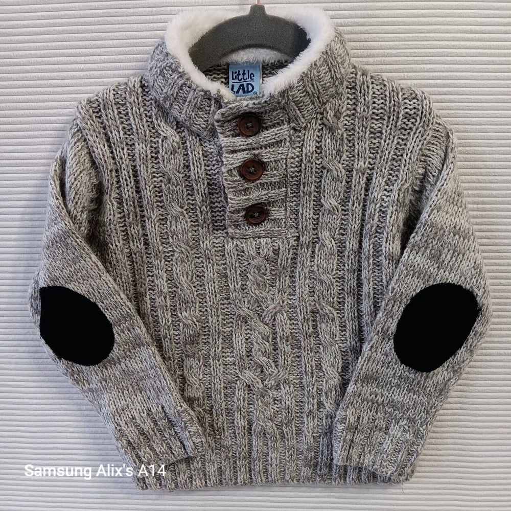 LITTLE LAD Toddler Boys (24 M) Elbow Patch Sweater,‎ Gray/White Cable Knit